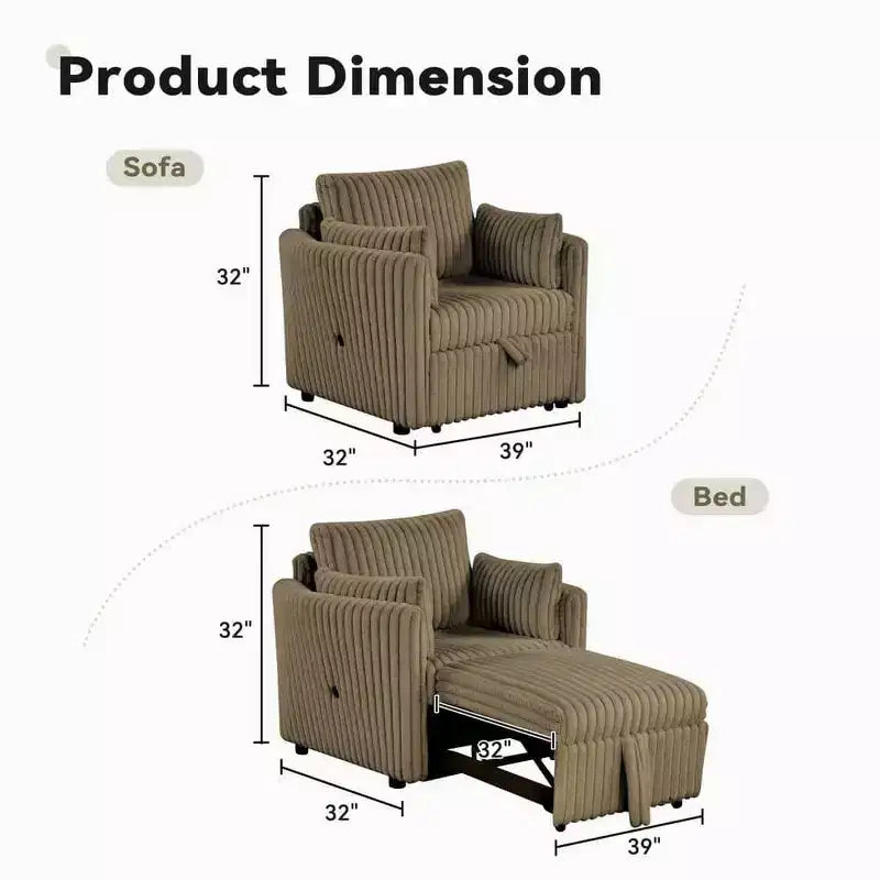 Chaise longue convertible avec port USB et 2 oreillers, canapé-lit simple gigogne