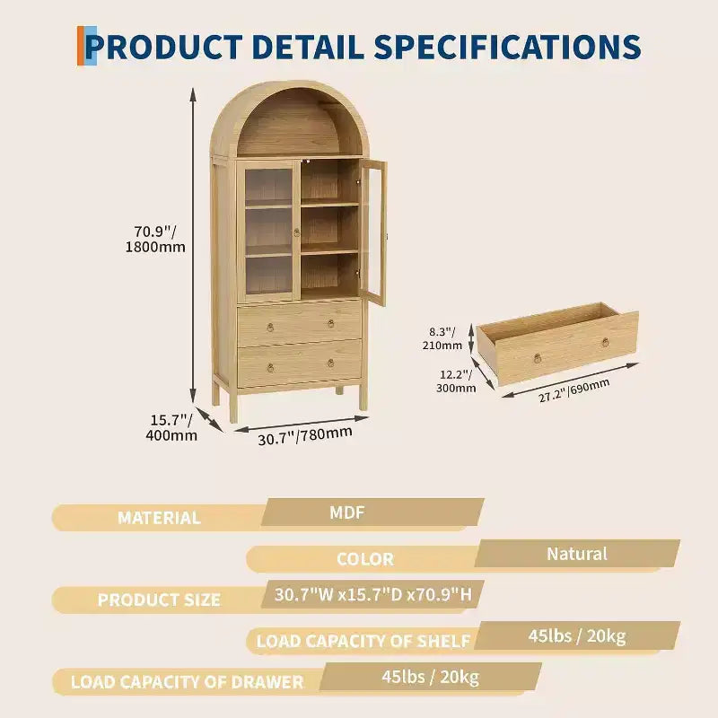 Meuble de garde-manger arqué, vitrine de style ferme avec portes vitrées et 2 tiroirs, étagères réglables pour cuisine, salle à manger et salle de bain