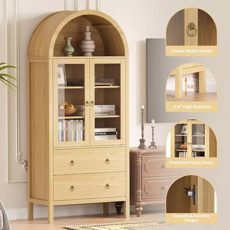 Meuble de garde-manger arqué, vitrine de style ferme avec portes vitrées et 2 tiroirs, étagères réglables pour cuisine, salle à manger et salle de bain