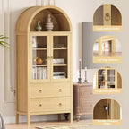 Meuble de garde-manger arqué, vitrine de style ferme avec portes vitrées et 2 tiroirs, étagères réglables pour cuisine, salle à manger et salle de bain