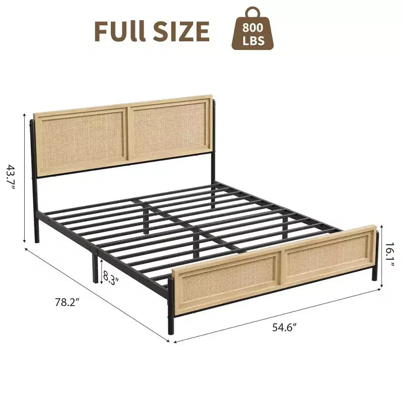 Cadre de lit Boho pour lit double/Queen/King avec tête et pied de lit en rotin naturel, lit plateforme en bois, aucun sommier tapissier requis, silencieux