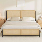 Cadre de lit Boho pour lit double/Queen/King avec tête et pied de lit en rotin naturel, lit plateforme en bois, aucun sommier tapissier requis, silencieux
