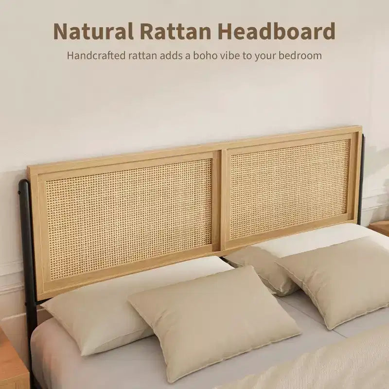 Cadre de lit Boho pour lit double/Queen/King avec tête et pied de lit en rotin naturel, lit plateforme en bois, aucun sommier tapissier requis, silencieux