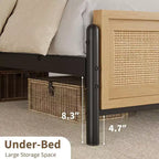 Cadre de lit Boho pour lit double/Queen/King avec tête et pied de lit en rotin naturel, lit plateforme en bois, aucun sommier tapissier requis, silencieux