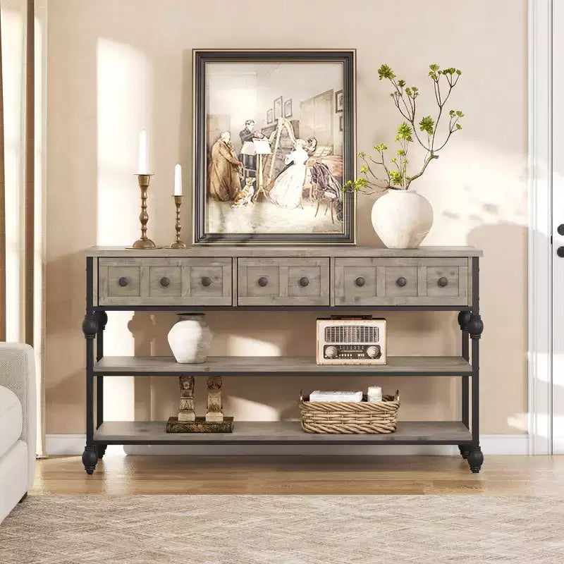 Console industrielle avec 3 tiroirs de rangement et cadre métallique à 3 niveaux, table de canapé pour salon, couloir et entrée