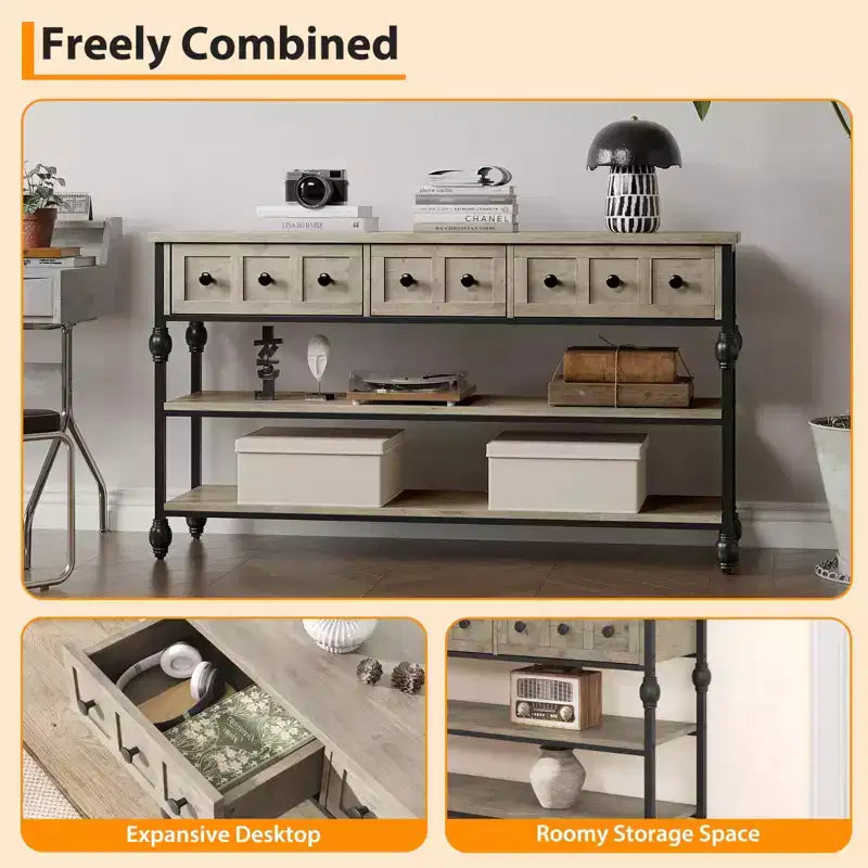 Console industrielle avec 3 tiroirs de rangement et cadre métallique à 3 niveaux, table de canapé pour salon, couloir et entrée