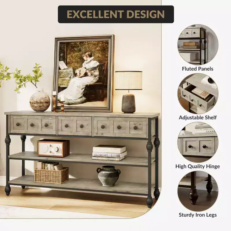 Console industrielle avec 3 tiroirs de rangement et cadre métallique à 3 niveaux, table de canapé pour salon, couloir et entrée