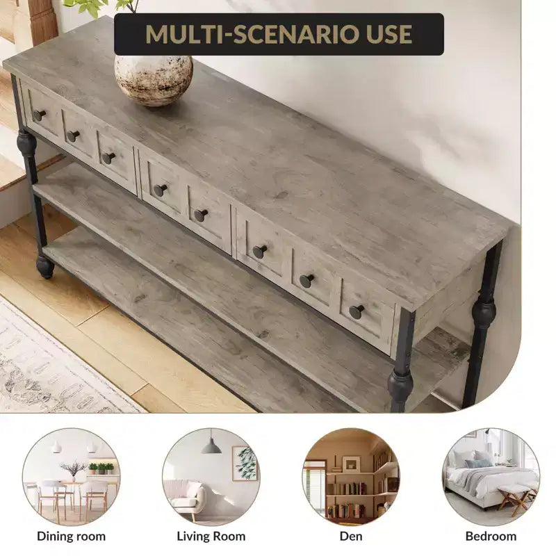 Console industrielle avec 3 tiroirs de rangement et cadre métallique à 3 niveaux, table de canapé pour salon, couloir et entrée