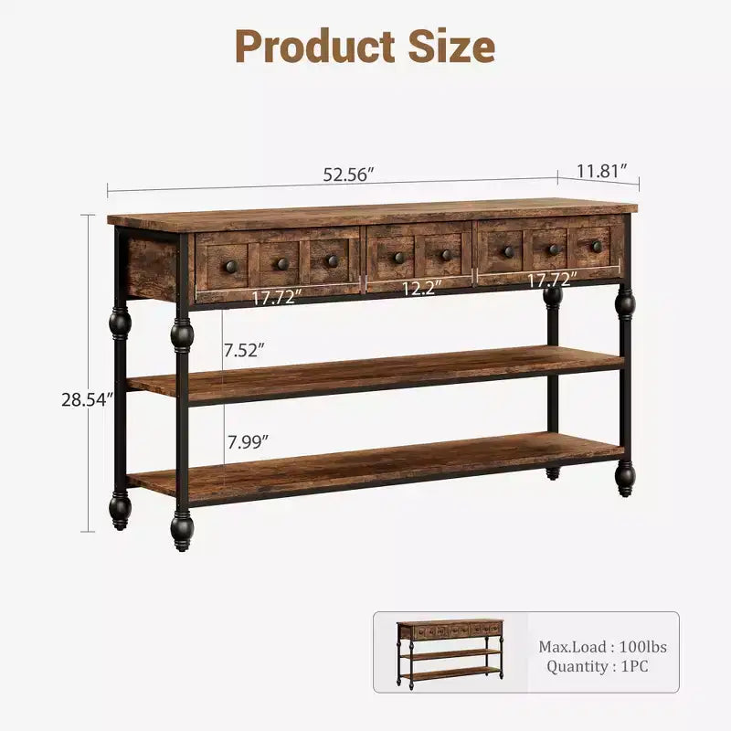 Console industrielle avec 3 tiroirs de rangement et cadre métallique à 3 niveaux, table de canapé pour salon, couloir et entrée