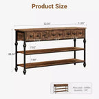 Console industrielle avec 3 tiroirs de rangement et cadre métallique à 3 niveaux, table de canapé pour salon, couloir et entrée