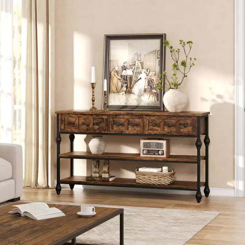 Console industrielle avec 3 tiroirs de rangement et cadre métallique à 3 niveaux, table de canapé pour salon, couloir et entrée