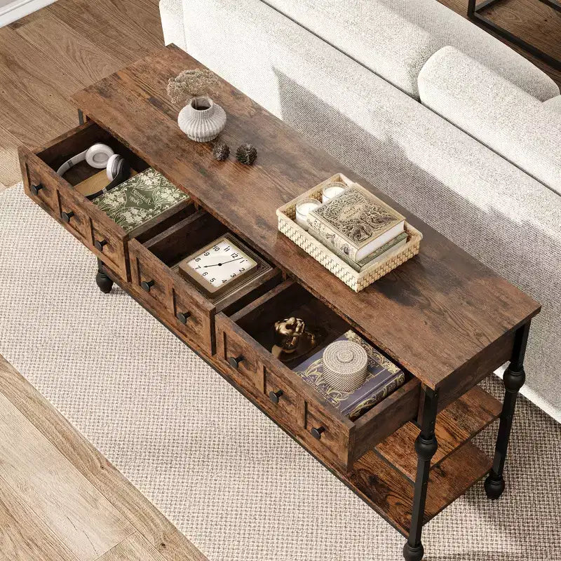 Console industrielle avec 3 tiroirs de rangement et cadre métallique à 3 niveaux, table de canapé pour salon, couloir et entrée