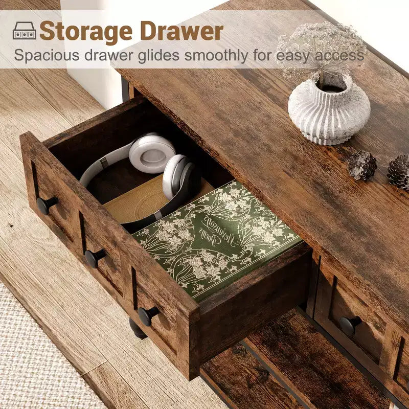 Console industrielle avec 3 tiroirs de rangement et cadre métallique à 3 niveaux, table de canapé pour salon, couloir et entrée