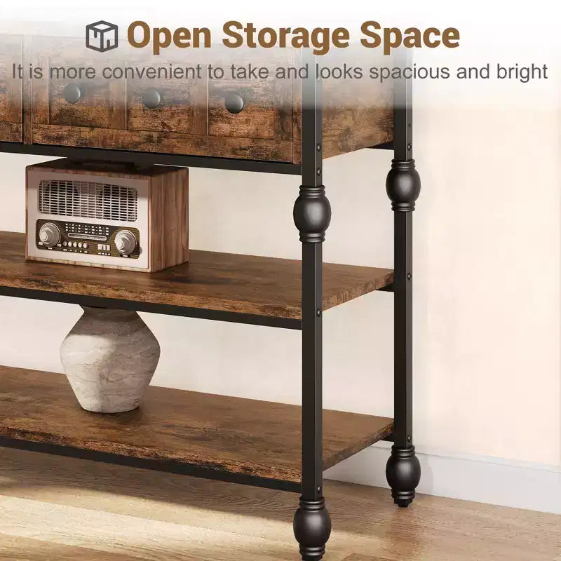 Console industrielle avec 3 tiroirs de rangement et cadre métallique à 3 niveaux, table de canapé pour salon, couloir et entrée