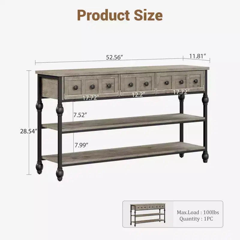 Console industrielle avec 3 tiroirs de rangement et cadre métallique à 3 niveaux, table de canapé pour salon, couloir et entrée