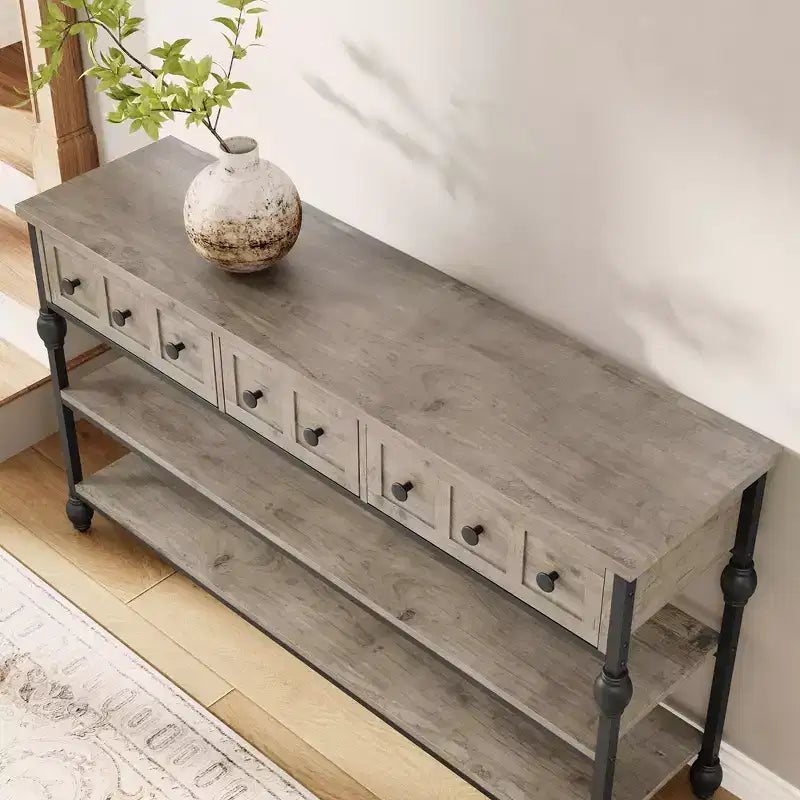 Console industrielle avec 3 tiroirs de rangement et cadre métallique à 3 niveaux, table de canapé pour salon, couloir et entrée