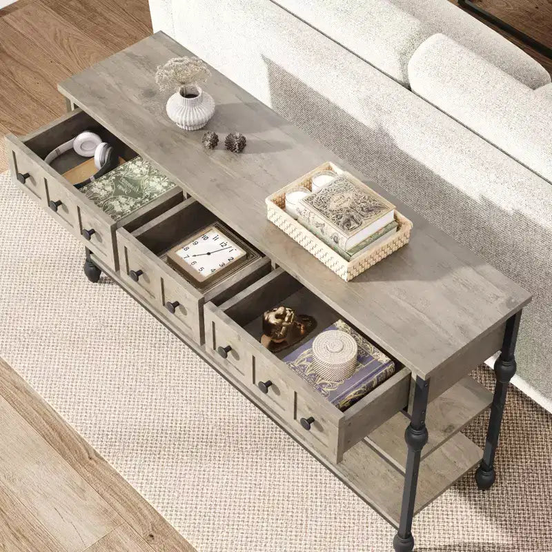 Console industrielle avec 3 tiroirs de rangement et cadre métallique à 3 niveaux, table de canapé pour salon, couloir et entrée