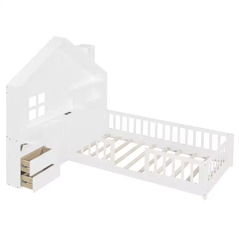 Lit plateforme jumeau avec tiroirs de rangement, station de charge USB et tête de lit cabane à fenêtre