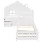 Lit plateforme jumeau avec tiroirs de rangement, station de charge USB et tête de lit cabane à fenêtre