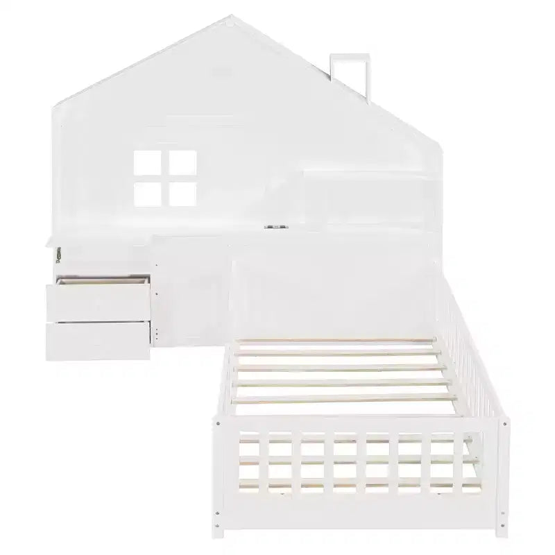 Lit plateforme jumeau avec tiroirs de rangement, station de charge USB et tête de lit cabane à fenêtre