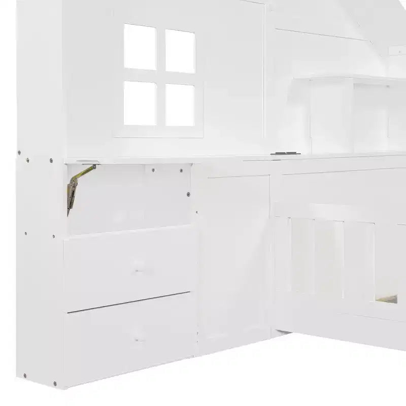 Lit plateforme jumeau avec tiroirs de rangement, station de charge USB et tête de lit cabane à fenêtre