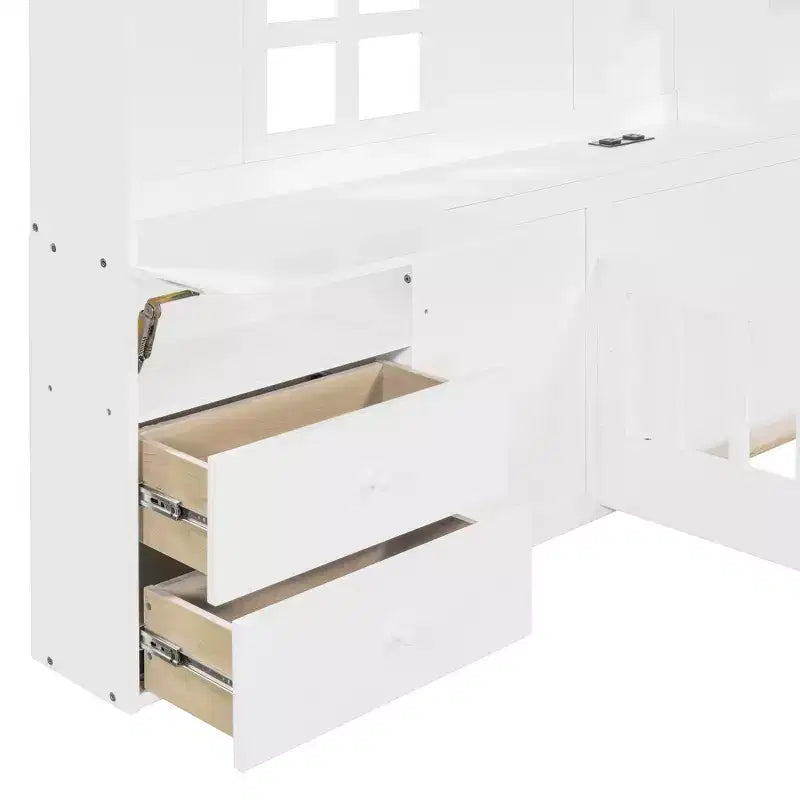 Lit plateforme jumeau avec tiroirs de rangement, station de charge USB et tête de lit cabane à fenêtre