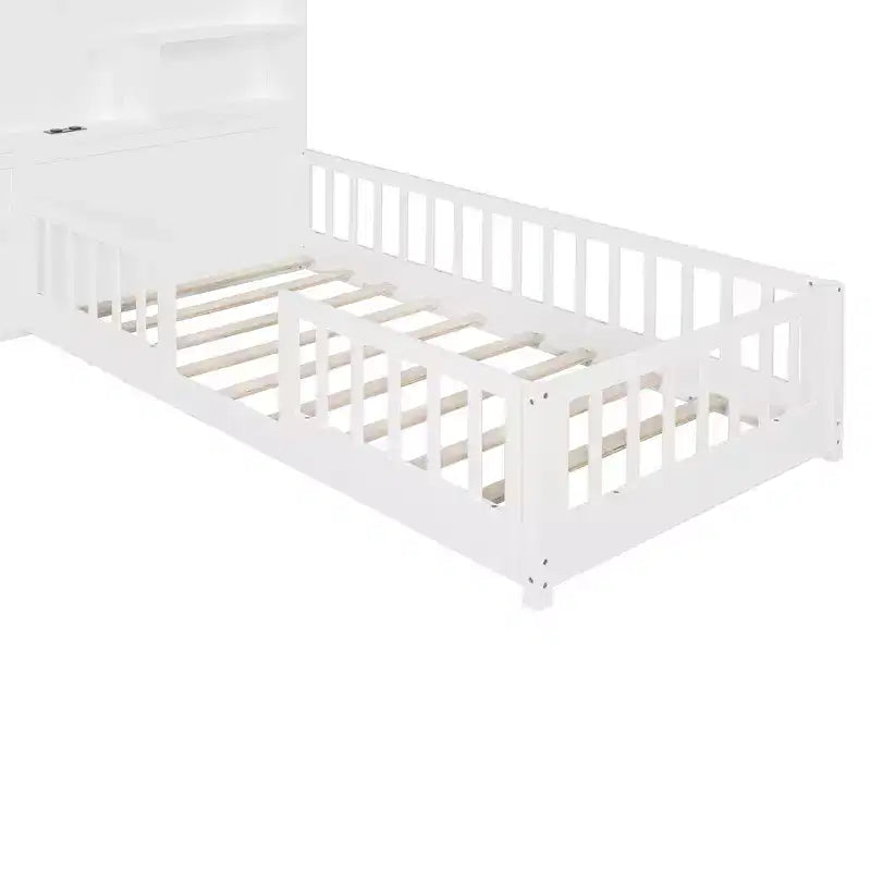 Lit plateforme jumeau avec tiroirs de rangement, station de charge USB et tête de lit cabane à fenêtre