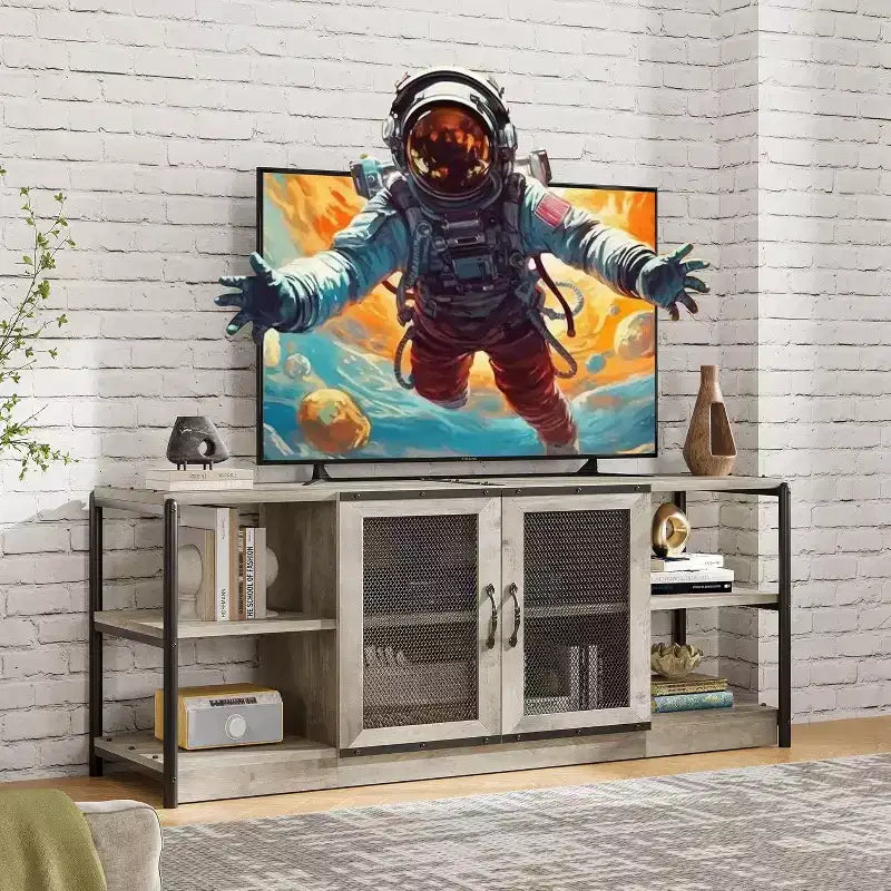 Meuble TV de style industriel/fermier - Meuble multimédia de 65 po et plus avec portes grillagées et étagères ouvertes pour salon