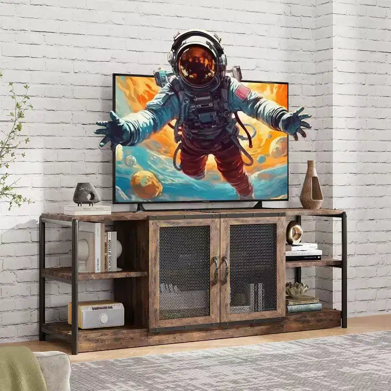 Meuble TV de style industriel/fermier - Meuble multimédia de 65 po et plus avec portes grillagées et étagères ouvertes pour salon