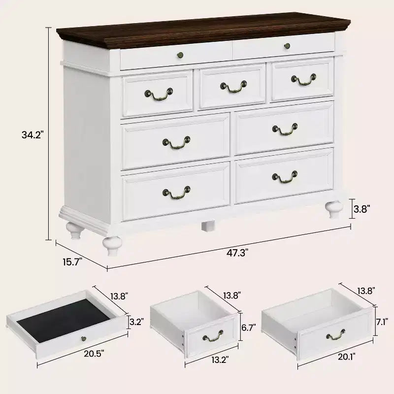 Grande commode de ferme à 9 tiroirs, commode rustique en bois pour chambre à coucher et salon