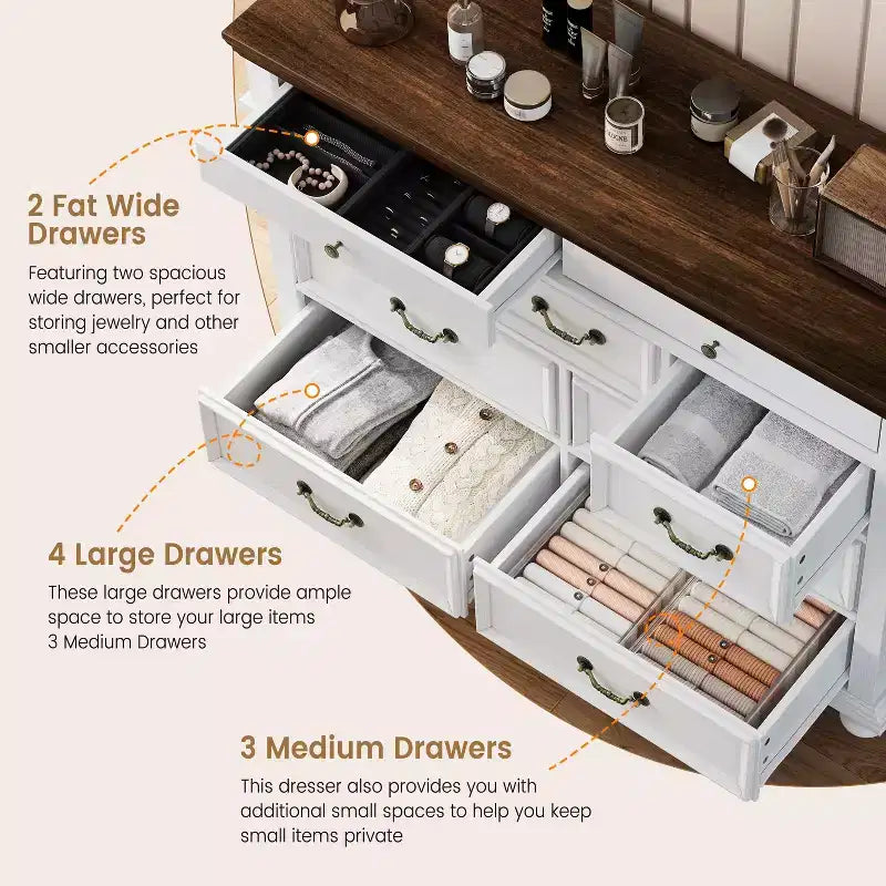 Grande commode de ferme à 9 tiroirs, commode rustique en bois pour chambre à coucher et salon