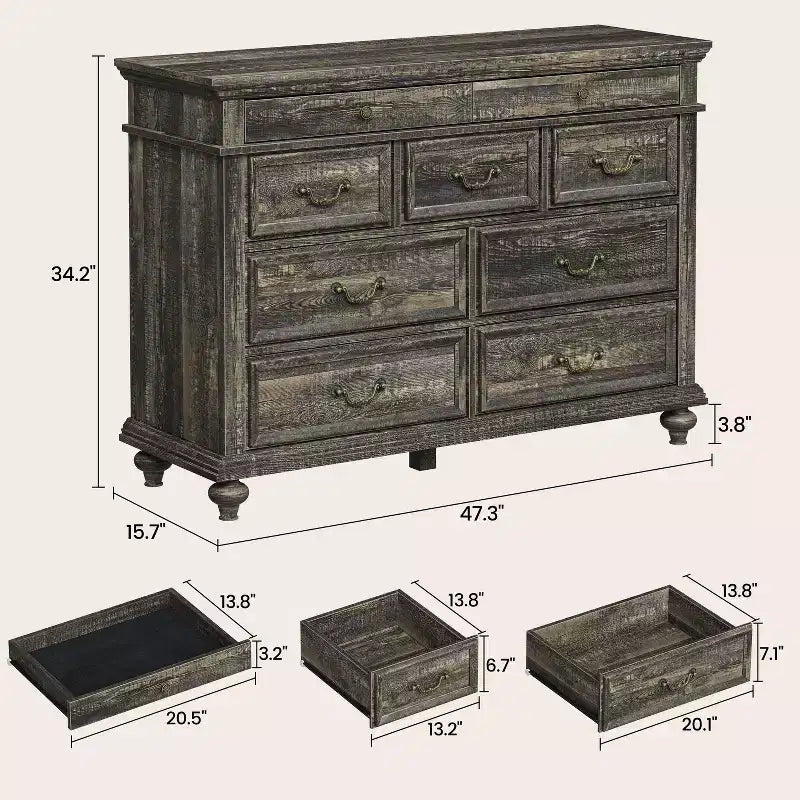 Grande commode de ferme à 9 tiroirs, commode rustique en bois pour chambre à coucher et salon