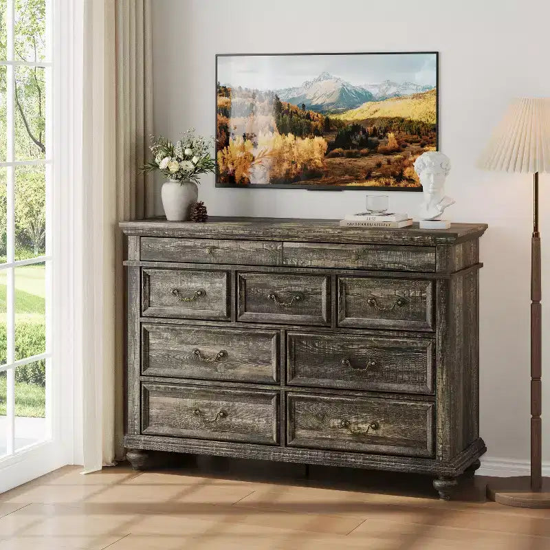 Grande commode de ferme à 9 tiroirs, commode rustique en bois pour chambre à coucher et salon