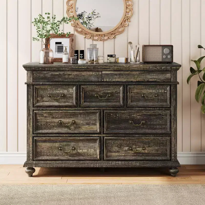 Grande commode de ferme à 9 tiroirs, commode rustique en bois pour chambre à coucher et salon