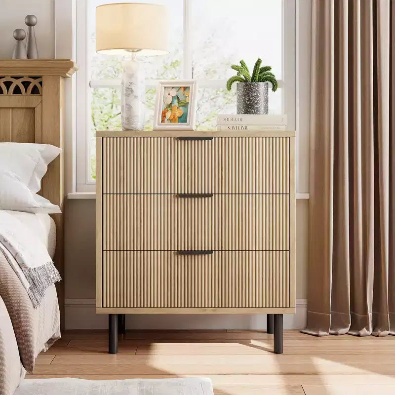 Commode 3 tiroirs cannelés, commode large en bois, commode de rangement moderne pour chambre à coucher et salon