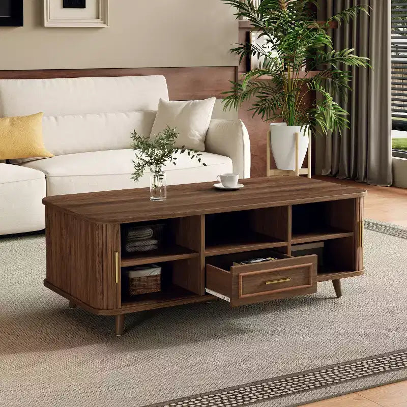 Table basse multi-rangements avec portes coulissantes et tiroir
