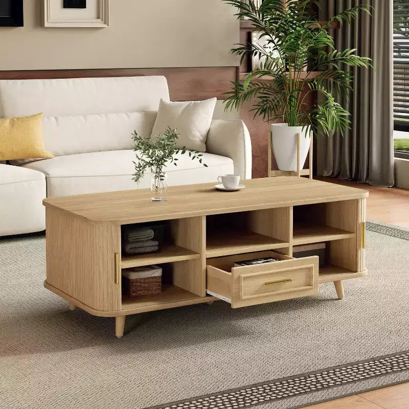 Table basse multi-rangements avec portes coulissantes et tiroir