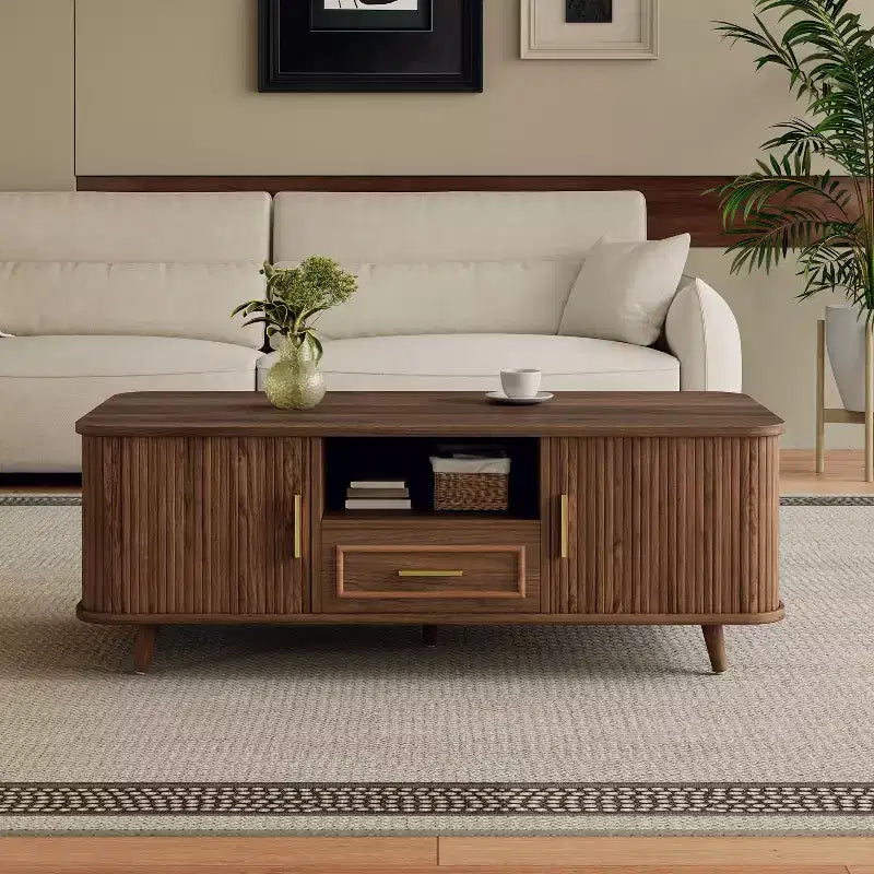 Table basse multi-rangements avec portes coulissantes et tiroir