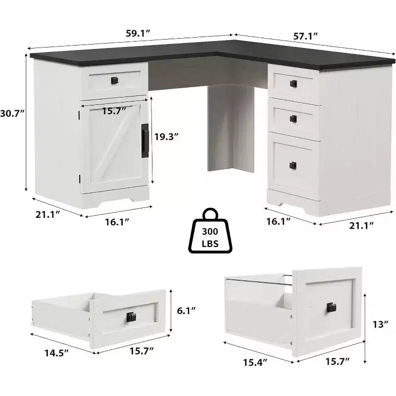 Bureau de direction d'angle en L blanc, bureau d'ordinateur d'angle de bureau à domicile de style rustique avec tiroirs de classement et meuble de rangement