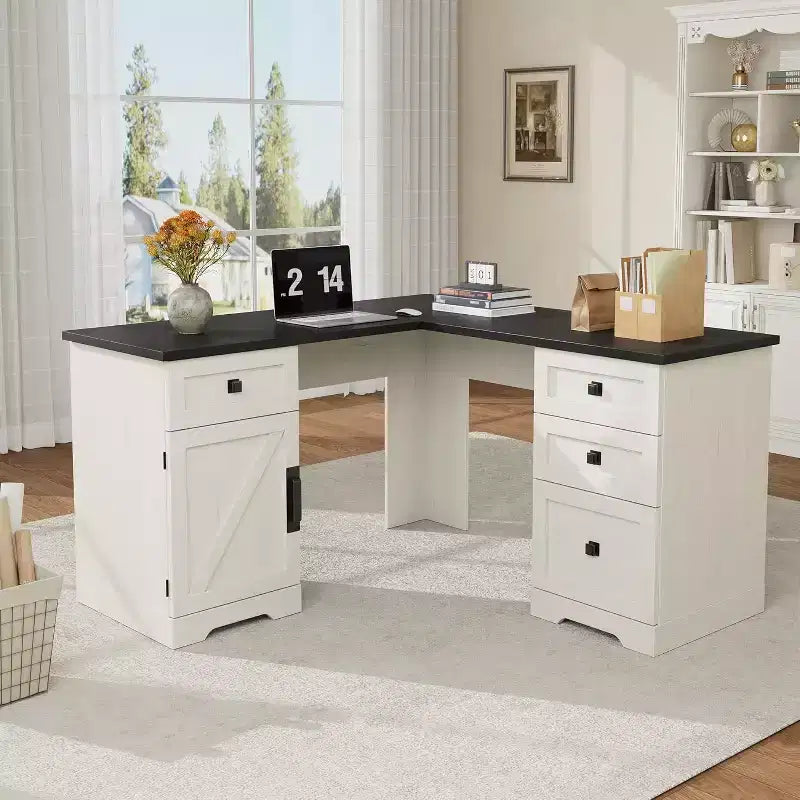 Bureau de direction d'angle en L blanc, bureau d'ordinateur d'angle de bureau à domicile de style rustique avec tiroirs de classement et meuble de rangement