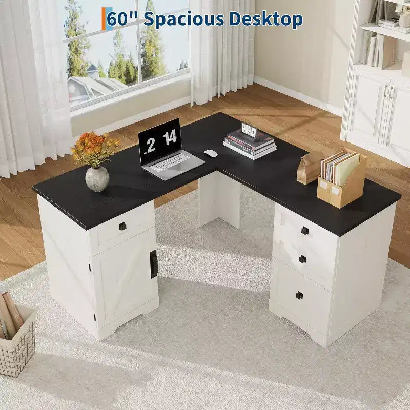 Bureau de direction d'angle en L blanc, bureau d'ordinateur d'angle de bureau à domicile de style rustique avec tiroirs de classement et meuble de rangement