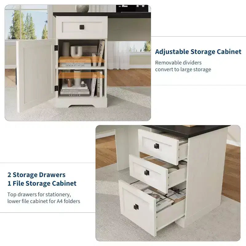 Bureau de direction d'angle en L blanc, bureau d'ordinateur d'angle de bureau à domicile de style rustique avec tiroirs de classement et meuble de rangement