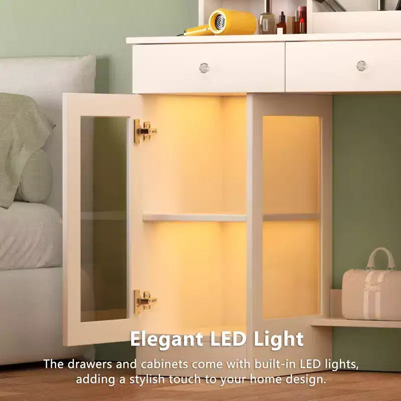 Coiffeuse Moderne avec Miroir et Lumières LED, Petite Coiffeuse avec Grand Rangement, Table de Maquillage pour Chambres à Coucher