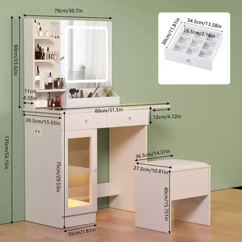 Coiffeuse Moderne avec Miroir et Lumières LED, Petite Coiffeuse avec Grand Rangement, Table de Maquillage pour Chambres à Coucher