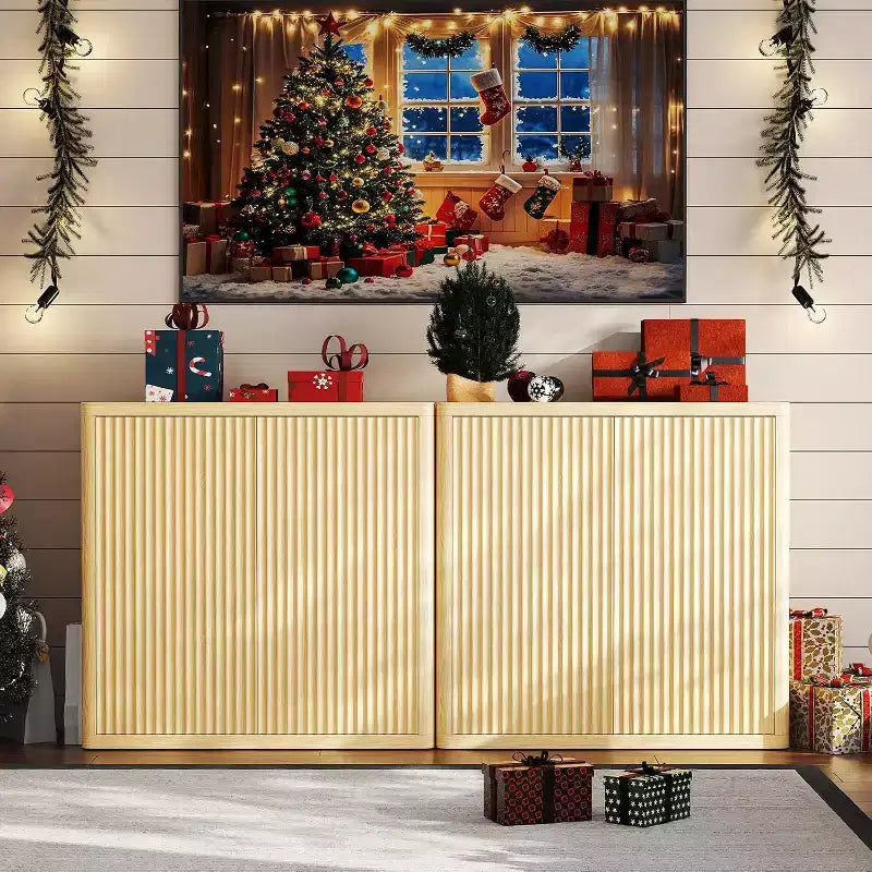 Meuble Buffet en Bois avec 2 Portes Cannelées et Étagères Réglables, Meuble Bar à Café Autonome pour Salle à Manger et Salon