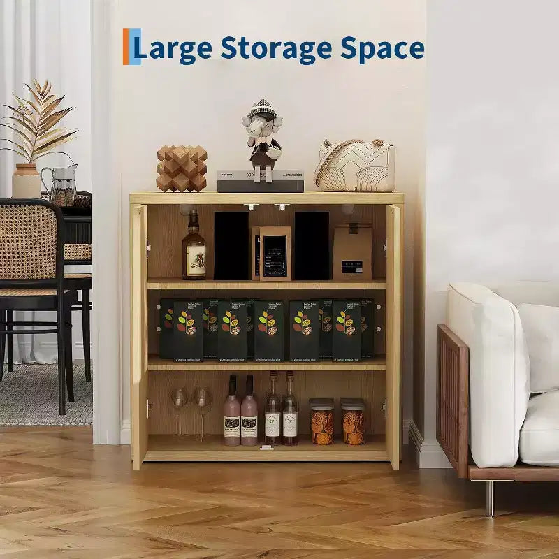 Meuble Buffet en Bois avec 2 Portes Cannelées et Étagères Réglables, Meuble Bar à Café Autonome pour Salle à Manger et Salon