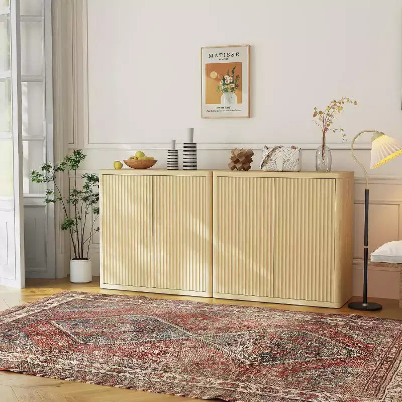 Meuble Buffet en Bois avec 2 Portes Cannelées et Étagères Réglables, Meuble Bar à Café Autonome pour Salle à Manger et Salon