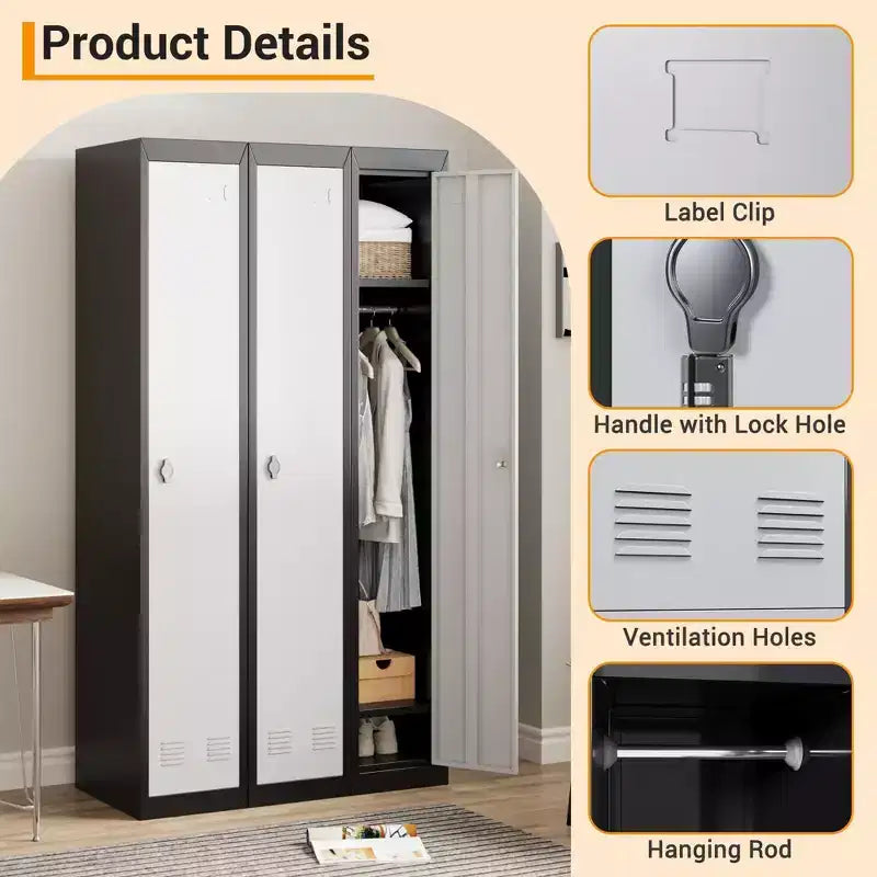 Casier métallique 1 porte, Armoire de rangement étroite en acier avec tringle de suspension et étagère pour bureau, école, salle de sport