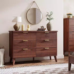 Commode à 6 tiroirs cannelée, commode en bois moderne au design incurvé pour chambre à coucher