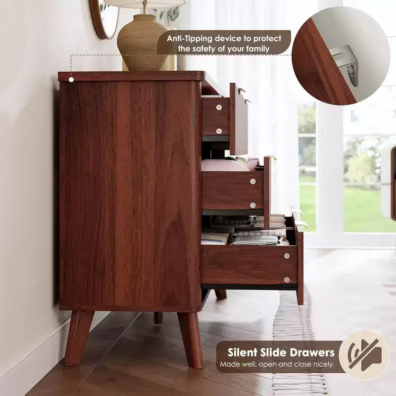 Commode à 6 tiroirs cannelée, commode en bois moderne au design incurvé pour chambre à coucher